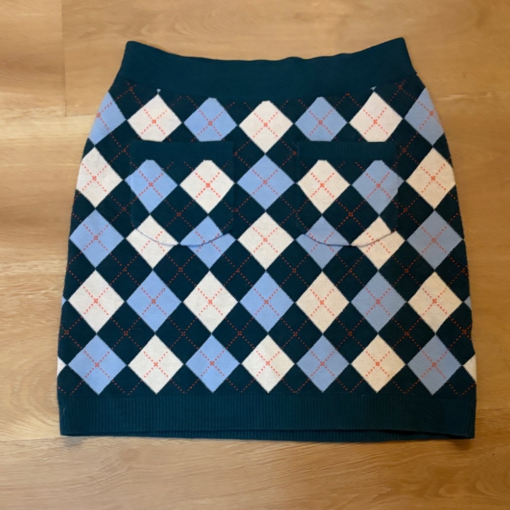 Free People Green Argyle Knit Mini Skirt with Light Blue and Cream Diamonds